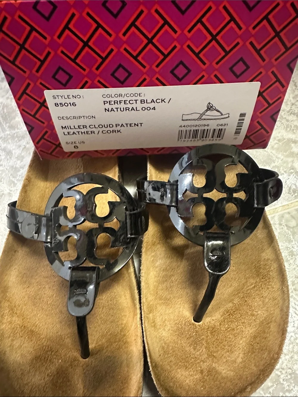 Tory Burch Black Patent Miller Logo Thong Sandals